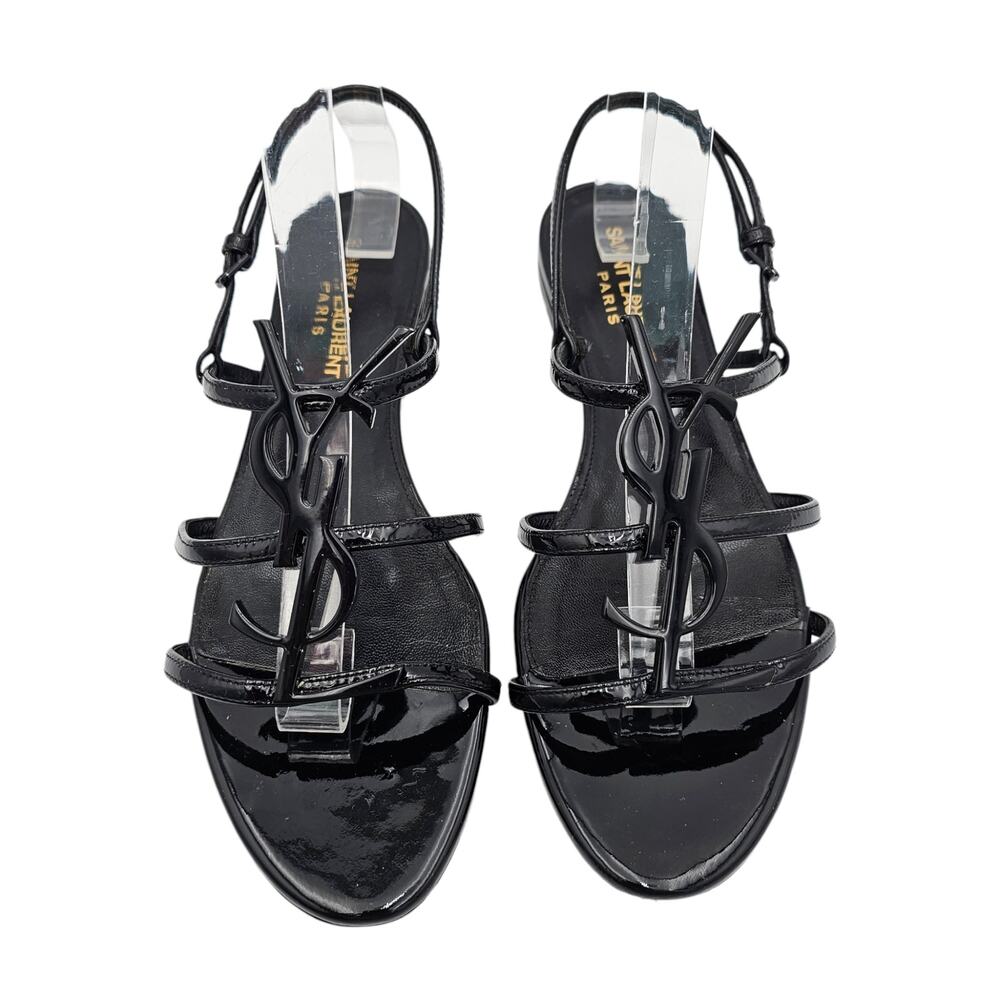 Saint Laurent YSL Cassandra Flat Strap Sandal Black Patent Leather Size 37 US 7 - Picture 2 of 11